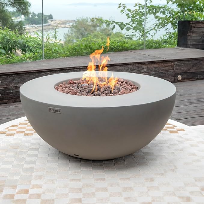 Roca Concrete Fire Pit 34" x 34" Patio Firepit Includes Lava Rocks Modern Fire Pits & Outdoor Fireplaces for Garden, Deck, Indoor & Outdoor Heating