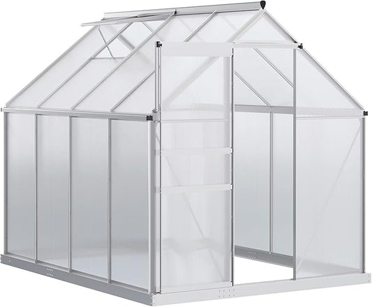 Outsunny 6' x 8' x 6.5' Polycarbonate Greenhouse with Adjustable Roof Vent, Walk-in Heavy Duty Green House Kit with Aluminum Frame, Sliding Door and Rain Gutter for Winter, Silver
