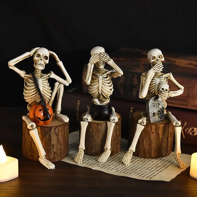 Halloween Decorations Indoor Skeleton Statues See Speak Hear No Evil Figurines for Mantel Table - Realistic Resin Skull Spooky Gothic Home Decor Set of 3