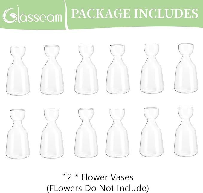 Glasseam Avocado Glass Vase, Handmade Bud Vases Set of 12, Cute Acorn Bulb Small Vase, Clear Flower Vases for Centerpieces, Hydroponic Propagation Plant Vase for Flowers Living Room Dining Table Decor