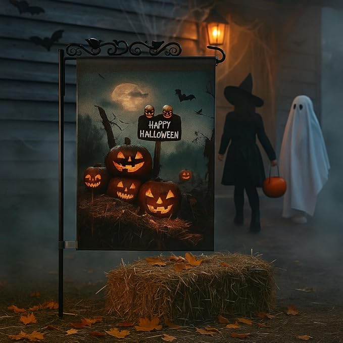 Happy Halloween Garden Flag 12x18 – Double Sided Burlap Fall Outdoor Flag with Jack-o'-Lanterns, Skulls, Bats & Graveyard Scene