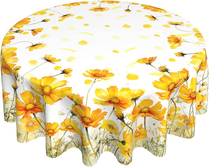 Giwawa Yellow Poppy Flowers Tablecloths for Round Table 60inch,Summer Floral Botanical Polyster Fabric Stain Resistant Table Cloth for Dining Room Kitchen Farmhouse Holiday Party Dinner