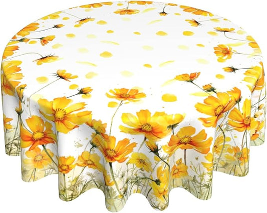 Giwawa Yellow Poppy Flowers Tablecloths for Round Table 60inch,Summer Floral Botanical Polyster Fabric Stain Resistant Table Cloth for Dining Room Kitchen Farmhouse Holiday Party Dinner