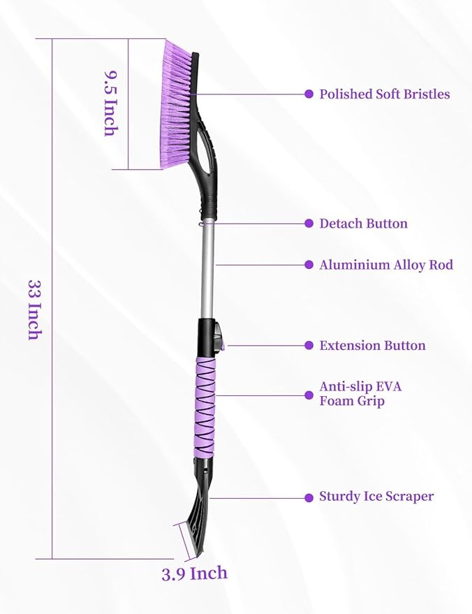 HEEYA 2 Pack Ice Scraper and Brush for Car, Extendable Snow Brush with Ice Scraper for Car Windshield Window, Car Snow Scraper with Foam Grip for SUV Truck Automobile Vehicle - Purple & Blue