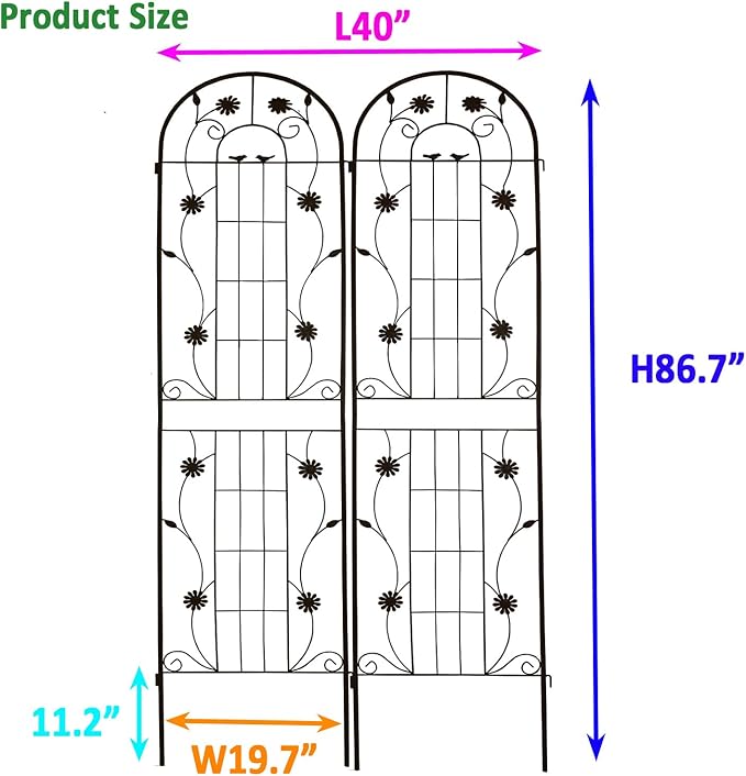 2 Pack Metal Garden Trellis for Climbing Plant Rose Stand, Black Outdoor 86.7" Tall Flower Support Iron Garden Fence (Black 86.7" H