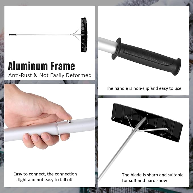 Gisafai Snow Roof Rake Snow Removal Tool with 5 Section Tubes 25 Inch Blade Adjustable 4.8-20 ft Reach Aluminum Shovel Rugged Slide for Single Cabins Car Roof(Black)