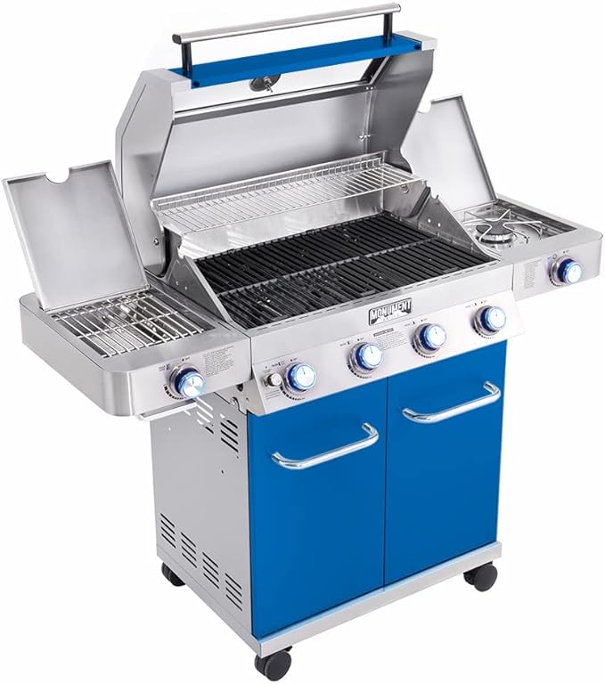 Monument Grills Larger 4+2 Burner Propane Gas Grills Stainless Steel Cabinet Style with Clearview® Lid, Knob Controls, Built-In Thermometer, Infrared Side Sear Burners & Side Burners, Blue