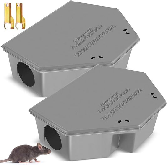 Qualirey 2 Pcs Rat Bait Station with Keys 13.58 x 8.98 x 3.35 Inch Rodent Station Rat Traps, Keeps Children and Pets Safe Indoor and Outdoor, Bait Not Included (Gray)