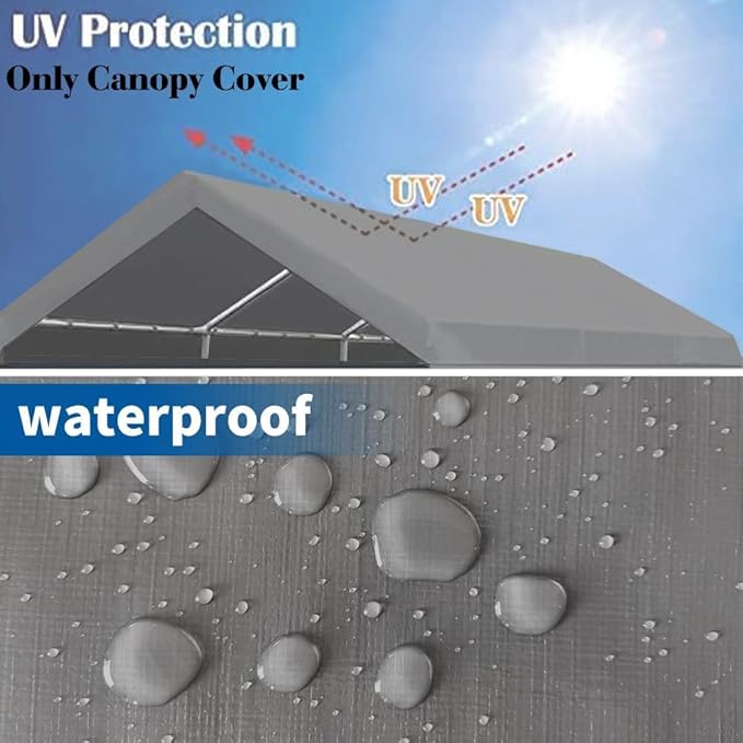 Rutile 10 x 20 FT Carport Replacement Cover, Heavy Duty Car Tarp Canopy Tent Replacement Top w/Ball Bungees Gray (Only Top Cover, Frame is not Included)