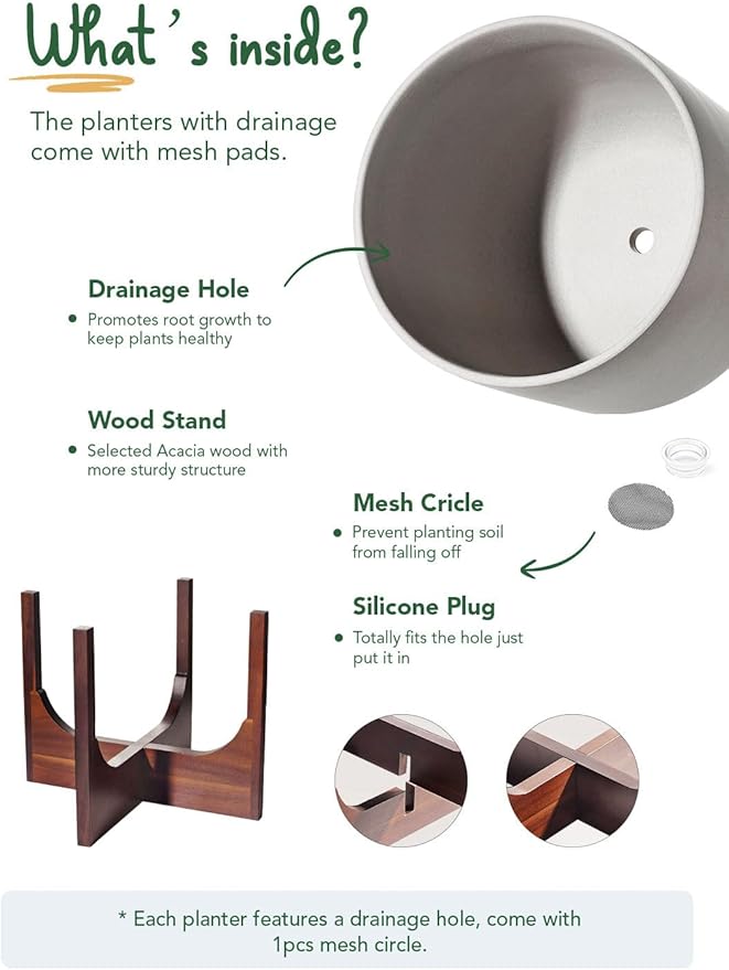 LE TAUCI 10 Inch Planter with Acacia Wood Stand, Ceramic Planters for Indoor Plants, Unique Plant Pots Indoor for Home Decor, Cylinder Pots for Plants with Drainage Hole and Plug, Neutral Gray