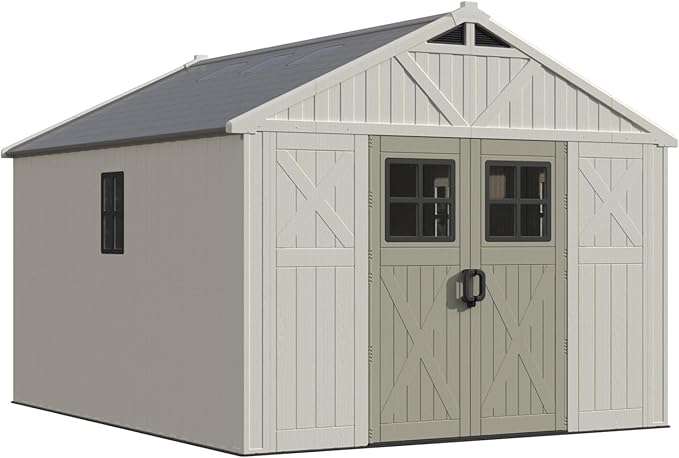 Patiowell 10x12 FT Outdoor Storage Shed with Floor and Lockable Door, All Weather Plastic Shed Garden Shed with Skylight and Multiple Windows for Backyard, Patio, Lawn, Beige