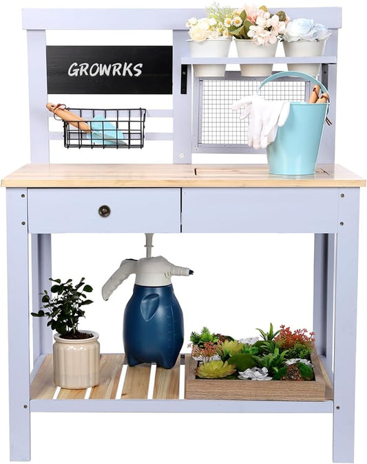 Kids Potting Bench Table Outdoor Garden Table Wooden Work Station Outdoor Garden Work Bench Platform with Removable Sink Hooks 3 Side Flower Pots Natural Wood Blue Gift for Boys Girls