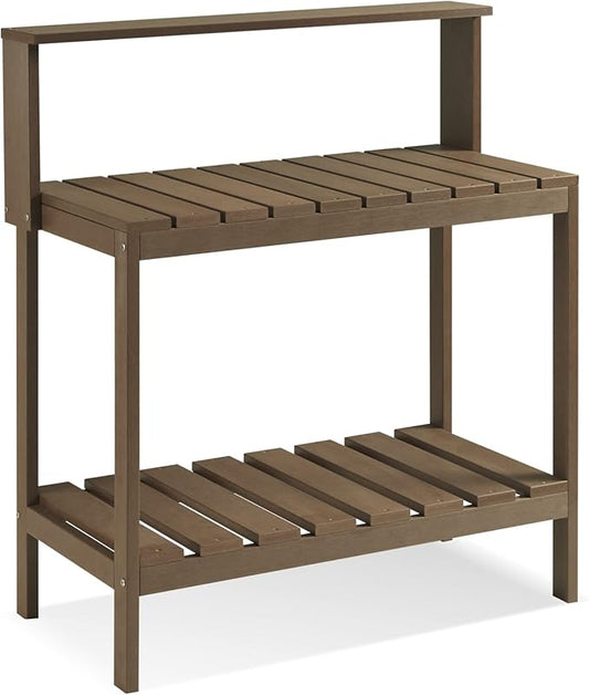 Psilvam Outdoor Poly Lumber Potting Bench, Polystyrene Garden Table with Storage Shelves, All-Weather Patio Work Station for Gardening(Brown)