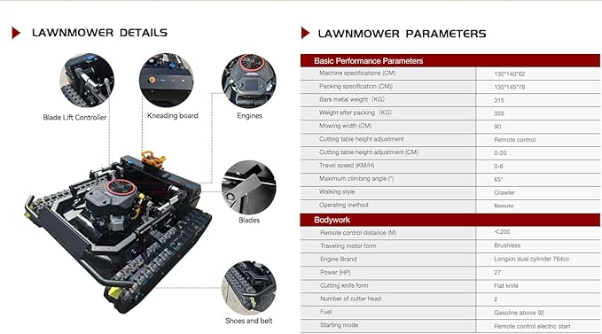Lawn Mower, Remote Control Lawn, Small Crawler,27HP Gas Engine,Oil-Electric Hybrid Drive Lawn Mowing and Weed Whacker, All Terrain Grass Cutter Yard Mower, 65° Climbing (SKD-764-90L)