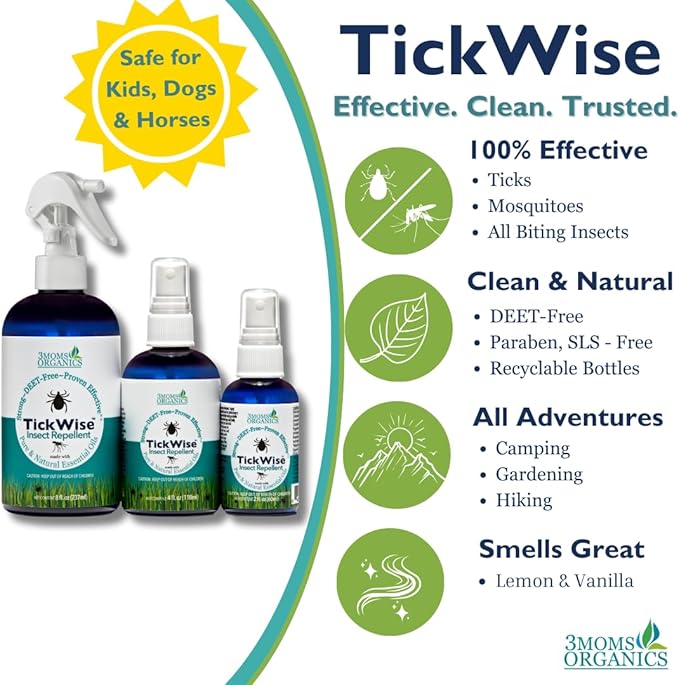 3 Moms Organics TickWise | DEET- Free, Tick and Insect Repellent | Plant Based Essential Oils and All Natural Ingredients | Safe for Kids, Adults, Dogs and HorsesTrio 8oz,4oz,2oz