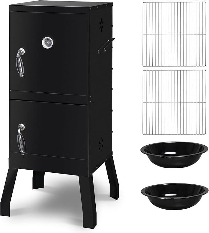 BBQ Smoker Grill with 2 Doors, Vertical Charcoal Smoker with 2 Detachable Grill Racks, Charcoal Pan & Water Pan, Outdoor Meat Smoker with Thermometer, 4 Air Vents, Idea for Parties, Backyard