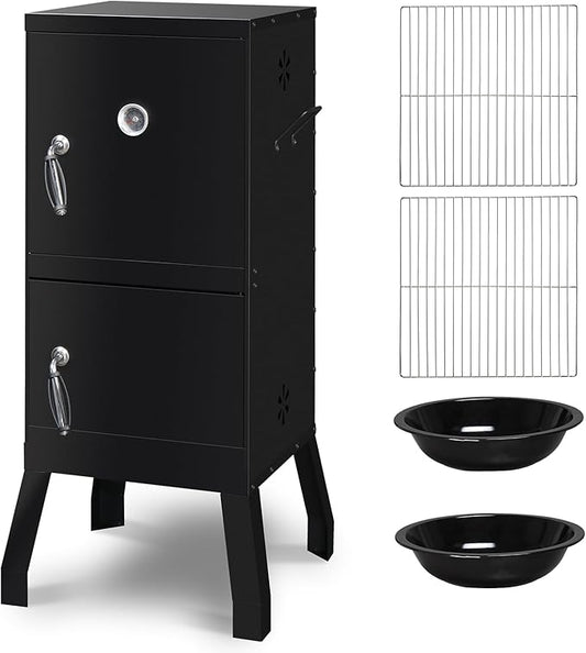 BBQ Smoker Grill with 2 Doors, Vertical Charcoal Smoker with 2 Detachable Grill Racks, Charcoal Pan & Water Pan, Outdoor Meat Smoker with Thermometer, 4 Air Vents, Idea for Parties, Backyard
