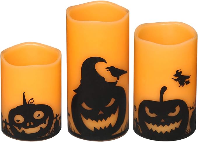 DRomance Pumpkin Flameless Candles Battery Operated with 6 Hour Timer, Set of 3 Real Wax LED Flickering Pillar Candles Spooky Halloween Decor Candle(3 x 4, 5, 6 Inches)