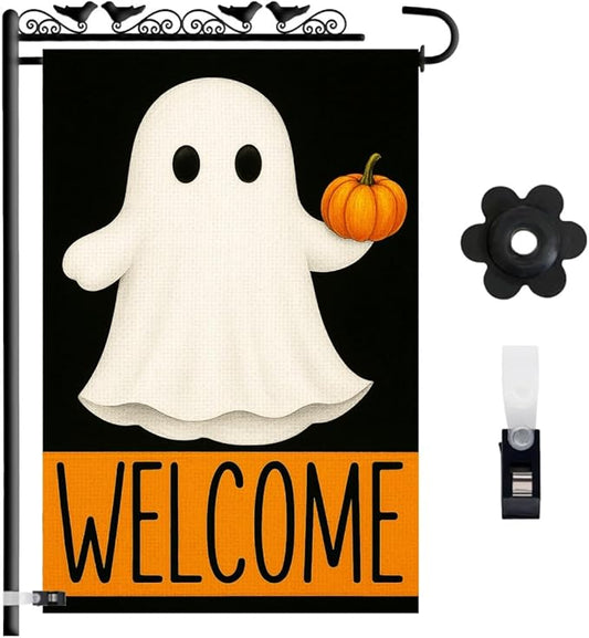 Welcome Halloween Garden Flag 12x18 – Double Sided Burlap Yard Flag for Outside with Ghost & Pumpkin – Weatherproof Fall Outdoor Decor