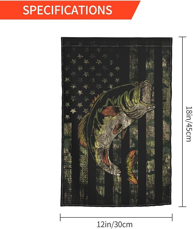 Bass Fishing Camo Camouflage American Flag Green Black Garden Flag Welcome Party Outdoor Outside Decorations Picks Home House Garden Yard Decor 12x18 Inch