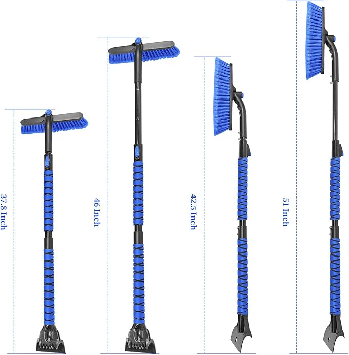HEEYA 51 Inch Snow Brush for Trucks, Extendable Long Handle Ice Scraper with Brush with Foam Grip, SUV Heavy Duty Snow Brush with Ice Scraper for Car Auto Jeep RV Vehicle Windshield Window - Blue