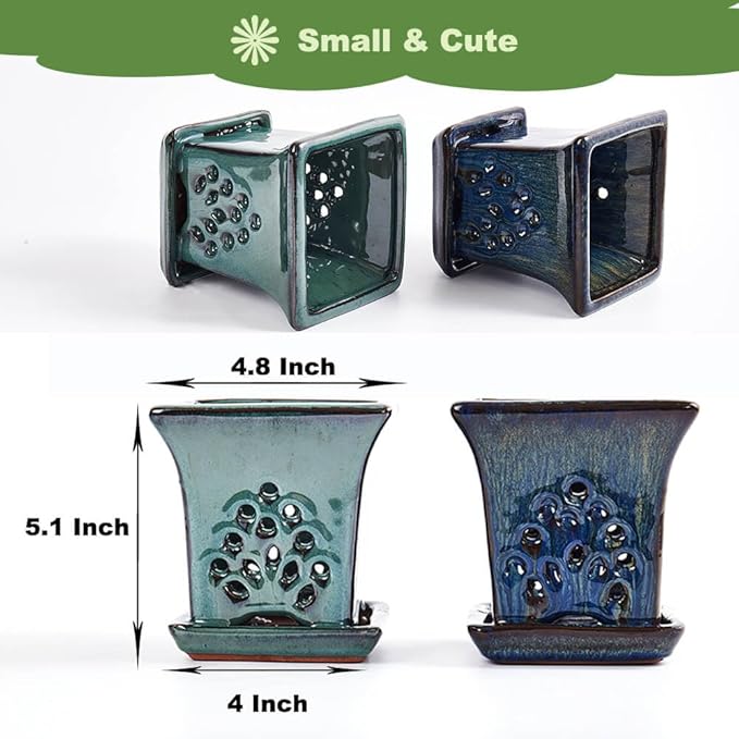 Ceramic Orchid Pots with Holes attached Saucers 4.8 Inches - Set of 2 Small Square Orchid Pots for Repotting, Decorative Ceramic Orchid Planter with Hole for Healthy Root Growth Blue and Green