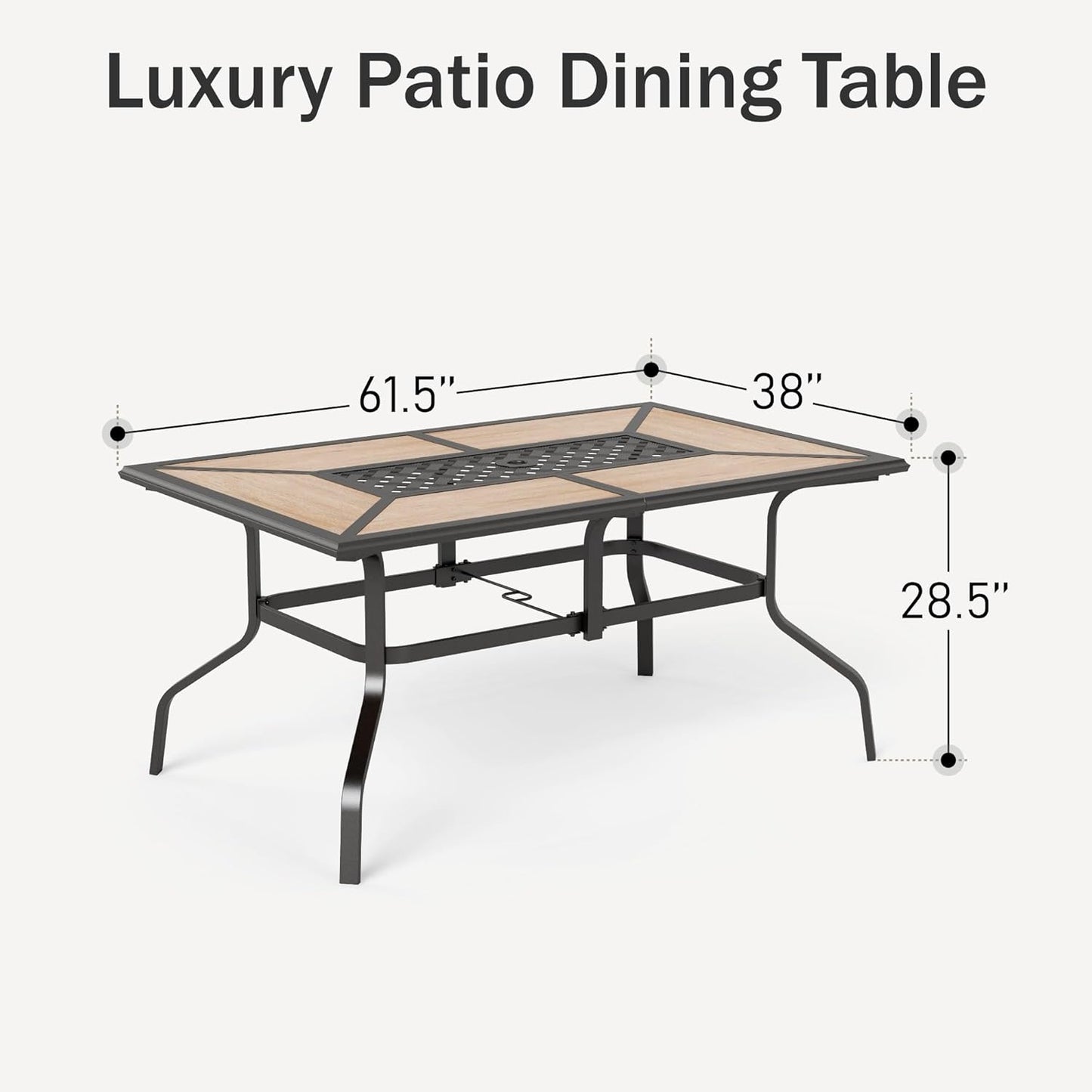 PHI VILLA Outdoor Dining Table for 6, Rectangular Metal Wrought Iron Table with Polywood Tabletop and Umbrella Hole, Large Heavy-Duty Furniture for Patio, Deck, Yard, Porch