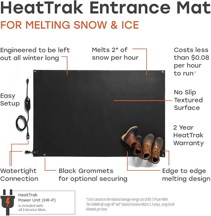 HeatTrak Heated Snow Melting Mats for Entrances - Heated Outdoor Mats - Electric Snow Melting Mats for Winter Snow Removal - Trusted Snow and Ice Melt Products - No-Slip Heated Door Mats (30” x 48")