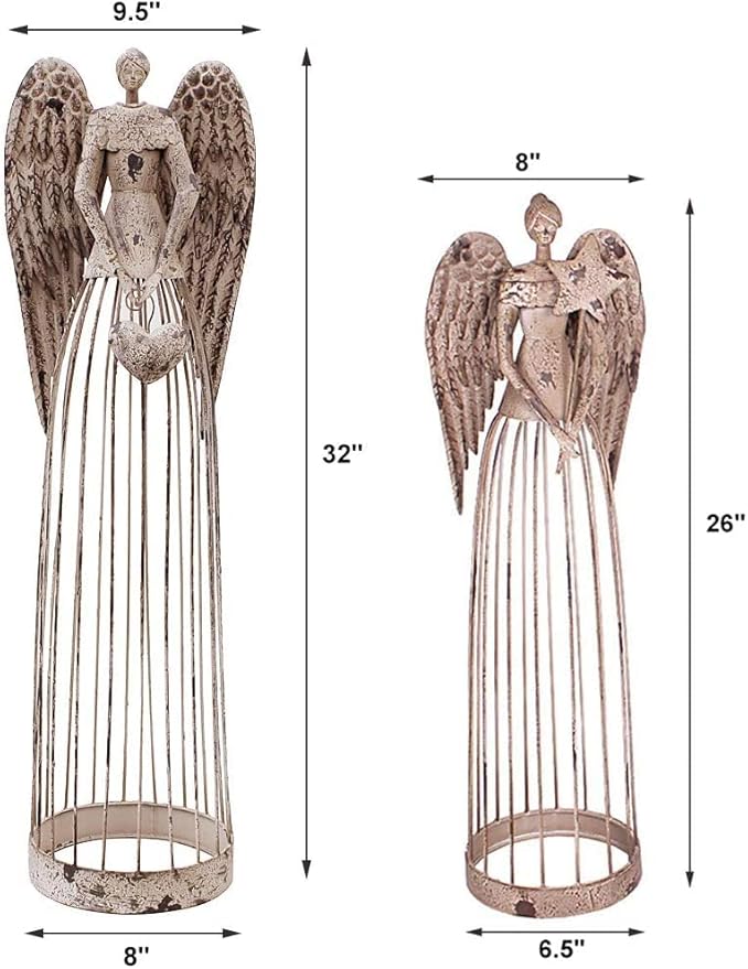 Linfevisi Garden Angel Statue Decor Rustic Metal Angel Sculpture Garden Yard Art Heavenly Home Decor Antiqued Accent Housewarming Gift 2 Pack (Star & Heart)