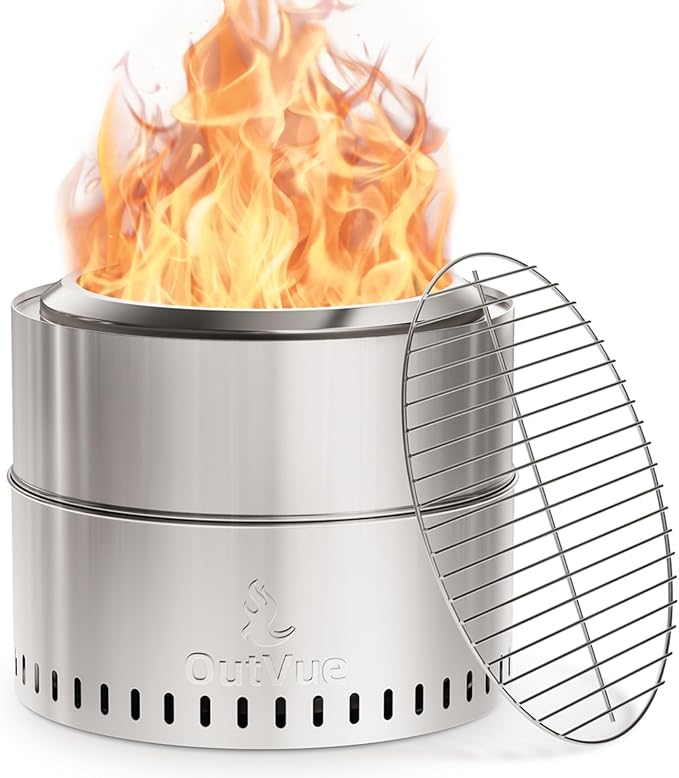 19 inch Stainless Steel Smokeless Fire Pit with Grill, Outdoor Smokeless Firepit, Wood Burning Fire Pits for Camping, Bonfire, Low Smoke Firepit for Outside (Vertical Hole)