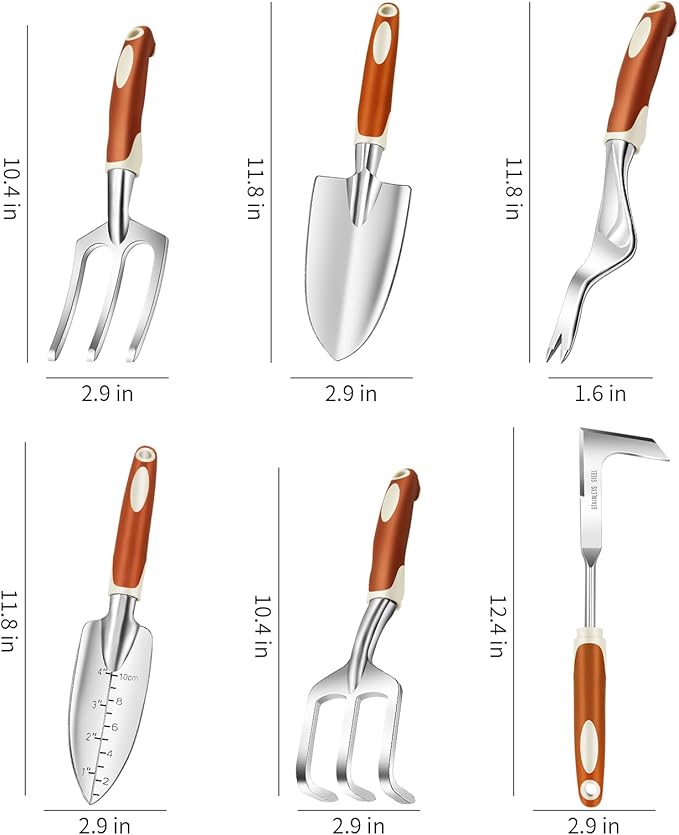 Garden Tool Set, 6 Pack Heavy Duty Gardending Hand Tools Kit with Non-Slip Rubber Grip, Ideal Gardening Gifts for Women