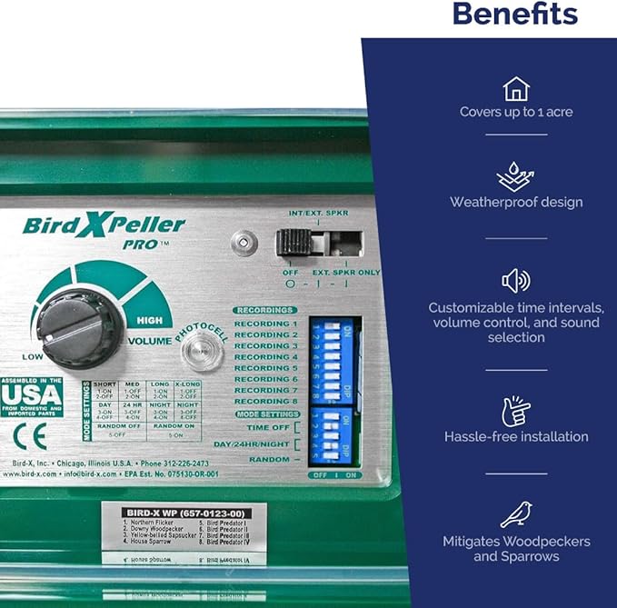 Bird-X Woodpecker PRO Electronic Bird Preventer, Sonic Decoy Device, Perfect for Woodpeckers and Sparrows, Covers up to 1 Acre, 3-5 kHz Frequency, 6" x 8.5" x 4"