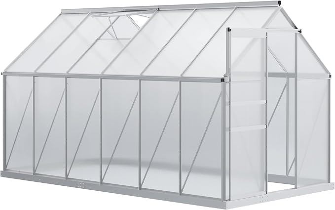 Outsunny 6' x 12' x 6.5' Polycarbonate Greenhouse with Adjustable Roof Vent, Walk-in Heavy Duty Green House Kit with Aluminum Frame, Sliding Door and Rain Gutter for Winter, Silver