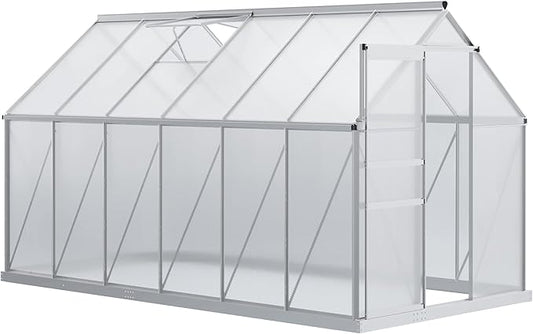 Outsunny 6' x 12' x 6.5' Polycarbonate Greenhouse with Adjustable Roof Vent, Walk-in Heavy Duty Green House Kit with Aluminum Frame, Sliding Door and Rain Gutter for Winter, Silver