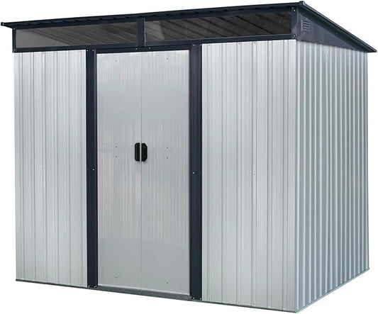 8x6 FT Outdoor Metal Storage Shed with Lockable Sliding Doors and Transparent Plate - Patio Shed for Backyard, Garden, Lawn (White and Black)