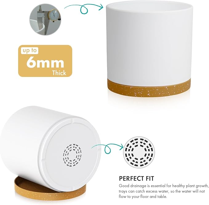 8 Inch Cylinder Flower Pots for Indoor Outdoor Plants, Medium Deep Plant Pots with Drainage Holes & Saucer, Decorative Plastic Planter Pots for Garden House Plants, White with Brown