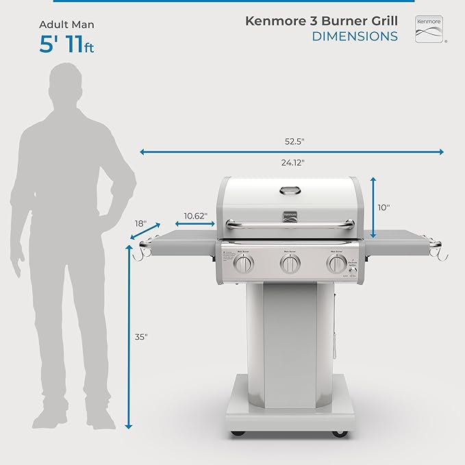 Kenmore 3-Burner Propane BBQ Grill, 30,000 BTUs Gas Grill with Cast Iron Cooking Grates, Folding Side Tables & Wheels, Outdoor Grill with Tool Hooks, Pearl White + Bonus Cover