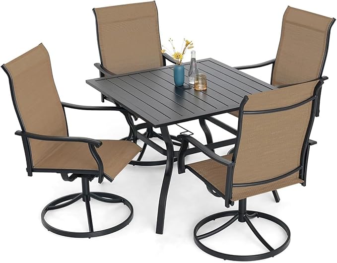 5-Piece Outdoor Dining Set, 35'' Square Table with 4 Swivel Chairs, All Weather Frame Furniture Set - Brown Style1