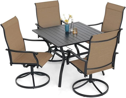 5-Piece Outdoor Dining Set, 35'' Square Table with 4 Swivel Chairs, All Weather Frame Furniture Set - Brown Style1