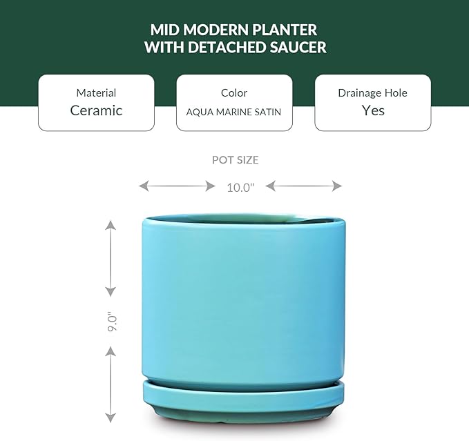 Mid Modern Planter with Detached Saucer (Aqua Marine Satin,10.0" D x 9.0" H)