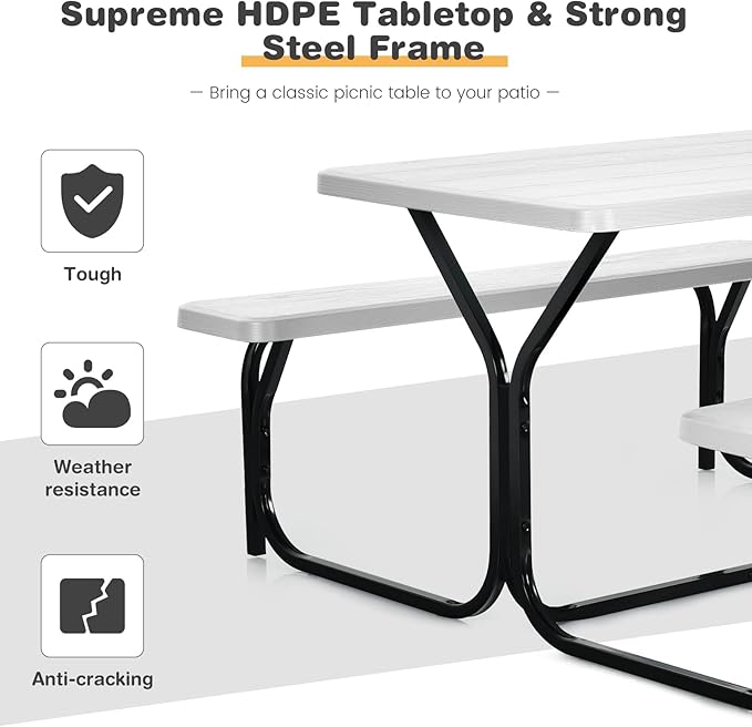Moccha Picnic Table Bench Set - Portable Plastic Picnic Table w/Steel Frame & Wood-Like Texture, All Weather Heavy Duty Picnic Table Kit, Picnic Tables for Outdoors Garden Patio Party Dining (White)