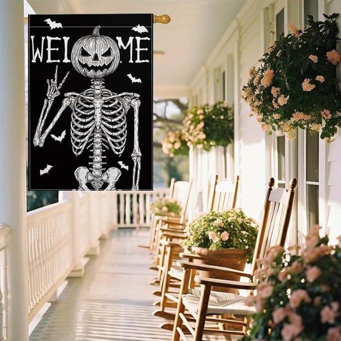 Halloween Welcome Garden Flag 12x18 Inch Double Sided, Grim Reaper Skeleton Pumpkin Yard Flag, Outdoor Porch Patio Lawn Decoration for Haunted House, Birthday Party, Holiday Seasonal Décor