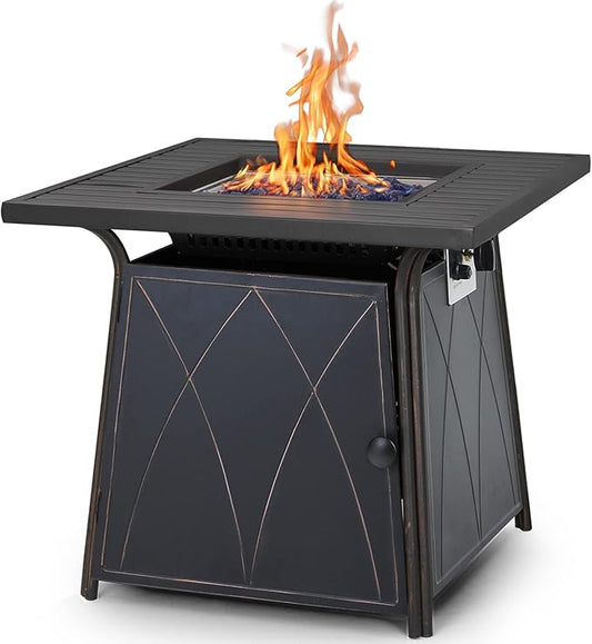 Sophia & William Gas Fire Pit Table 28 Inch 50,000BTU Square Outdoor Propane FirePits 2 in 1 Auto-Ignition Patio Fireplace for Outside with Lid and Blue Fire Glass, Black