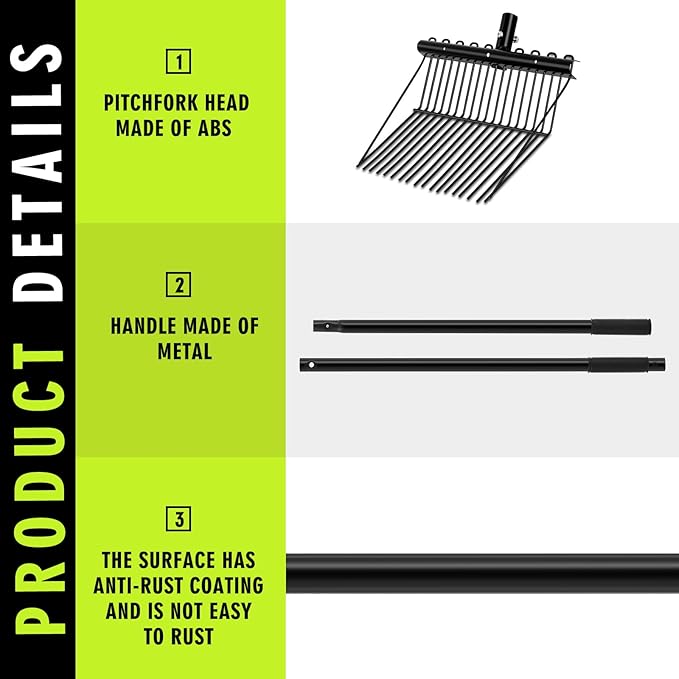 Lasnten 3 Sets Metal Manure Fork with Long Metal Handle Pitch Fork Manure Rake Black Heavy Duty Muck Rake for Gardening Horse Stall Stable Grass Hay Cleaning Farm Work