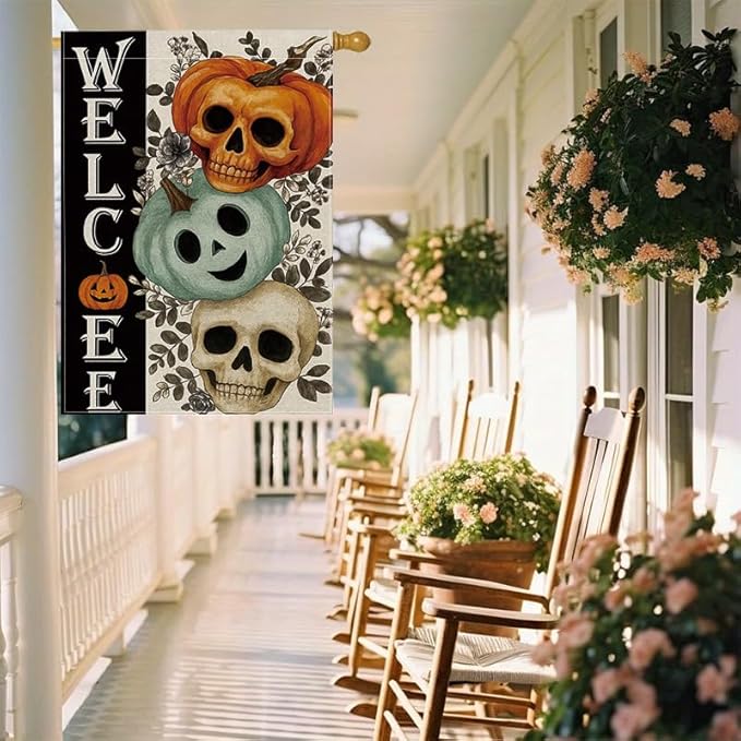 Halloween Garden Flag 12x18 Inch Double Sided, Skull Pumpkin Welcome Yard flag, Spooky Outdoor Party Decoration for Porch, Patio, Lawn, Garden, Indoor & Outdoor Halloween Décor
