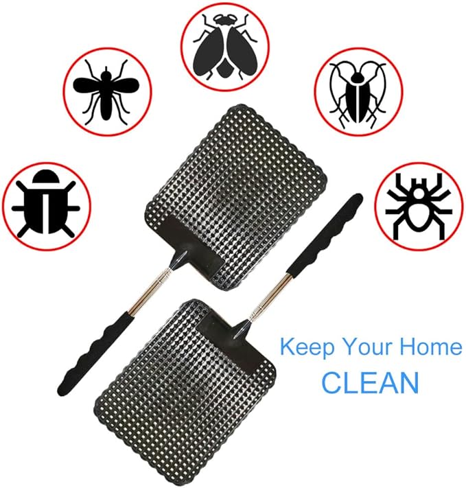 2PCS Telescopic Fly Swatter, Manual Heavy Duty Plastic Flyswatter, Upgraded Sturdy Fly Swatter with Extendable Stainless Steel Pole