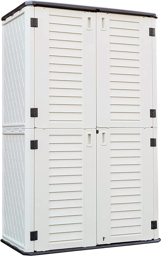 KINYING Outdoor Storage Cabinet Waterproof, Resin Vertical Outdoor Storage Shed for Patio Furniture, Garden Tools, Pool Accessories, Mower Storage (66 Cu.ft, Off White)