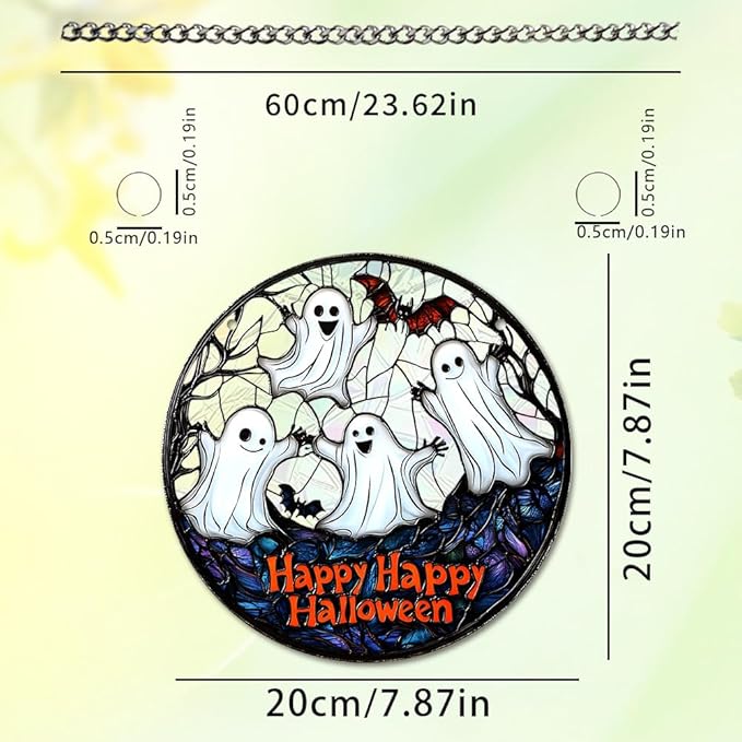 Halloween Sun Catcher - 8 Inch Round Suncatcher for Window Hanging Decoration - Creates Indoor Rainbows Light Refraction - Spooky Ghost, Witch, Pumpkin Design - Suction Cup Hook & Chain