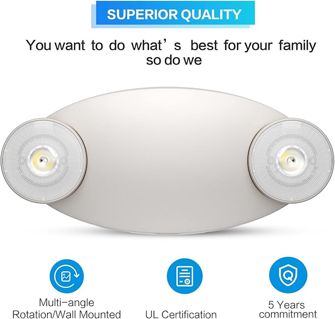 Spectsun Lights 8 Pack LED Emergency Light with Battery Backup -Adjustable Hardwired 2 LED Bug Eye Head Wall Mount -UL Certified 120-22VAC White Emergency Exit Lighting Fixtures for Business/Home