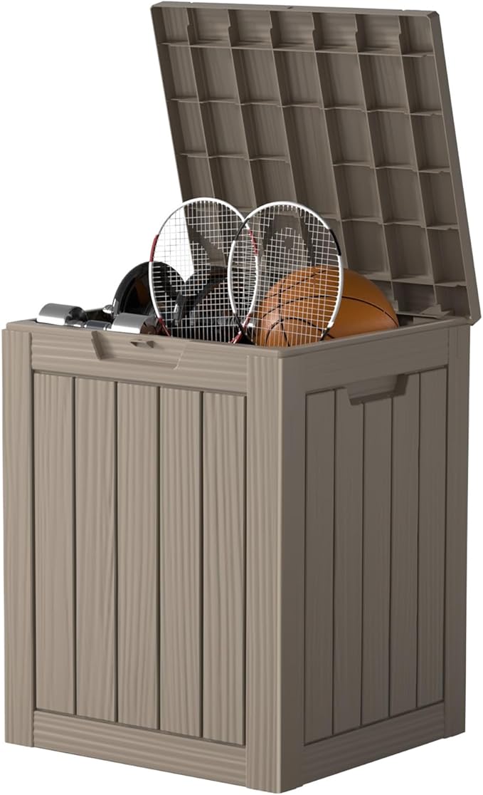 28 Gallon Waterproof Resin Deck Box, Lockable Outdoor Storage Box for Patio Furniture, Garden Tools, UV Resistant, and Multi-Functional (Brown)